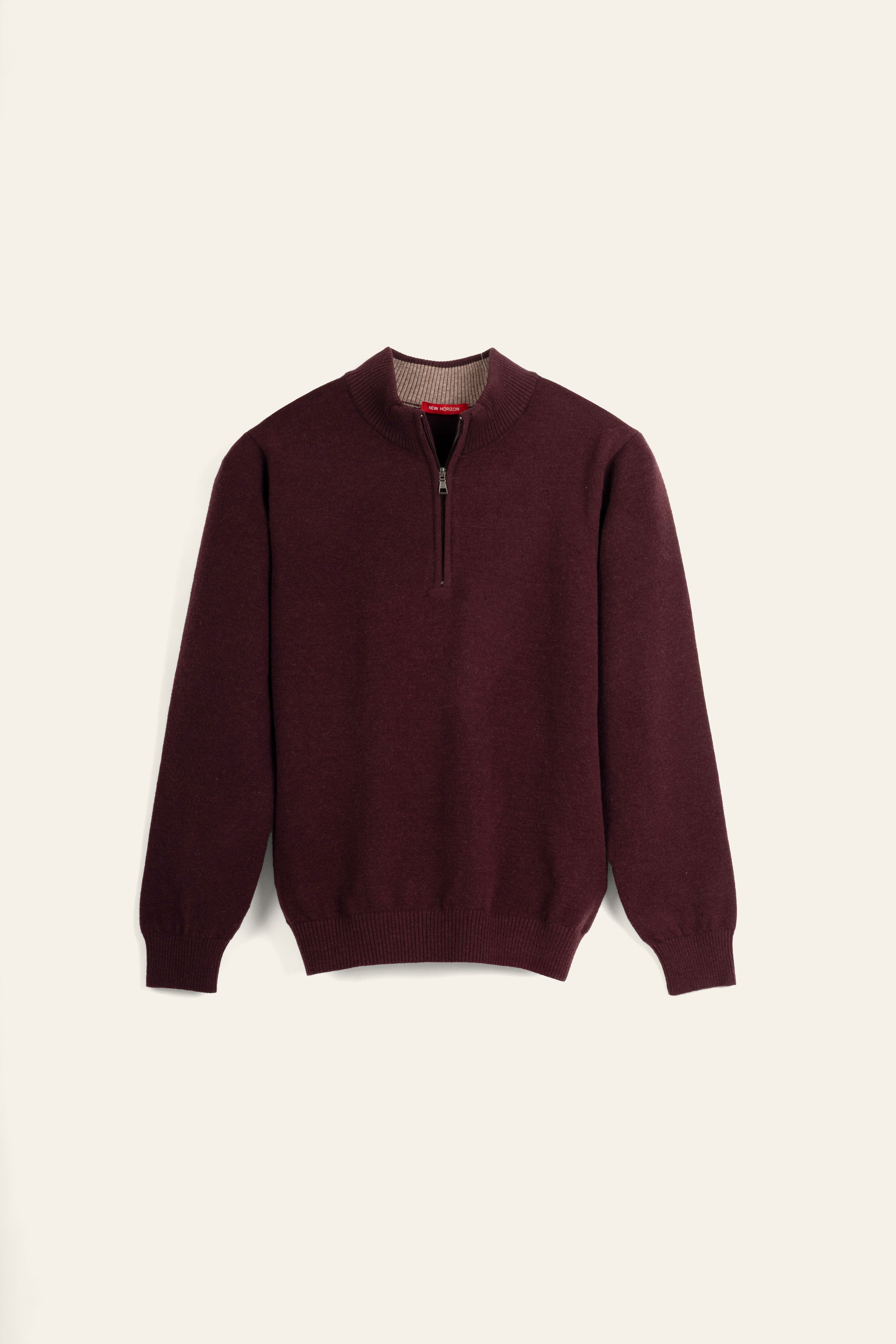 Burgundy Wool Knitted Quarter-Zip